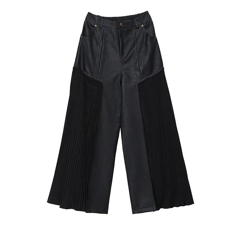 

spring new arrival Personality pleated pu leather pants female fashion high waist stitching great quality leather pants F1025