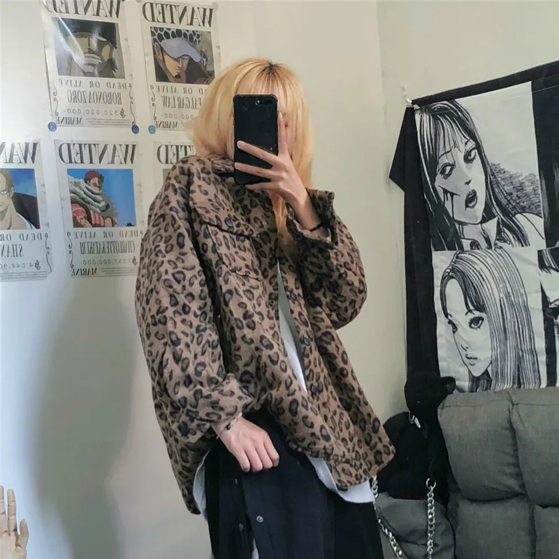 

HARAJPOO Autumn Winter Korean Women Harajuku INS Retro Leopard Print Long-sleeved Outside Loose Shirt Coat Men Fashion Jacket