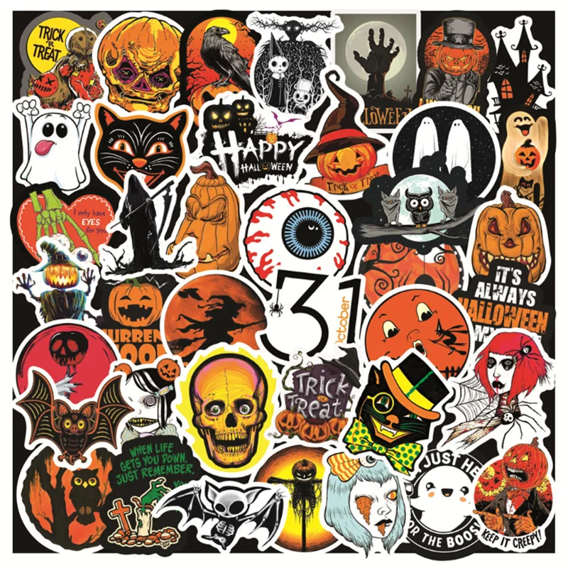 

10/30/50 PCS Retro Cartoon Halloween Pumpkin Ghost Horror Car Trolley Waterproof Graffiti PVC Sticker Toy Decoration Wholesale