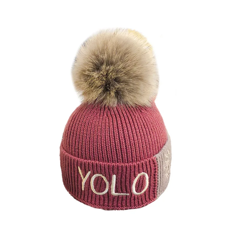 

New Double-layer children's hat winter color-matching woolen cap baby warm YOLO letter knitted hats with plush balls for 6-36M