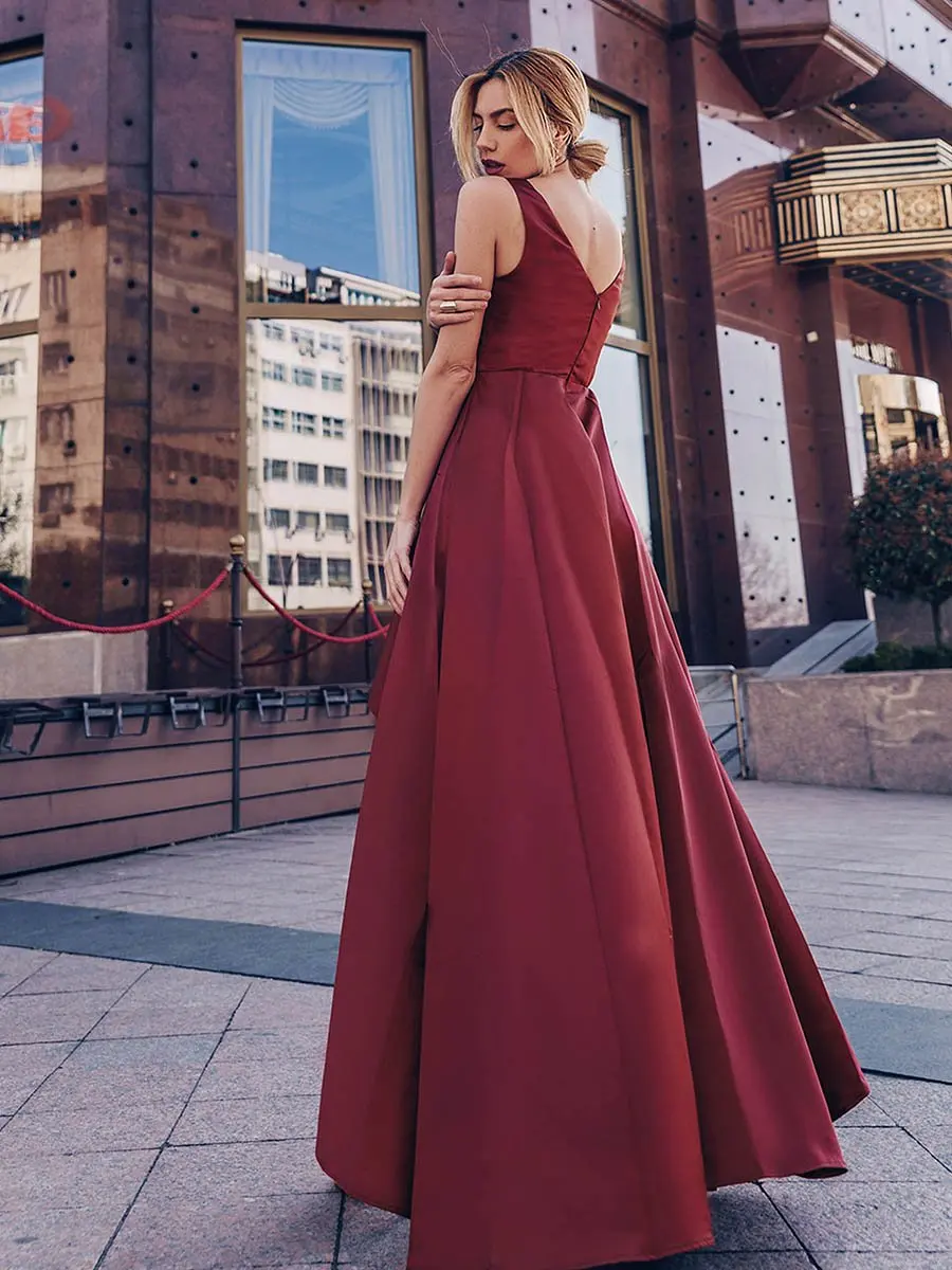 

Burgundy Red Luxury Women's V-Neck Asymmetric High Low High Evening Dresses Sleeveless Plus Size Vestido de noche Gowns