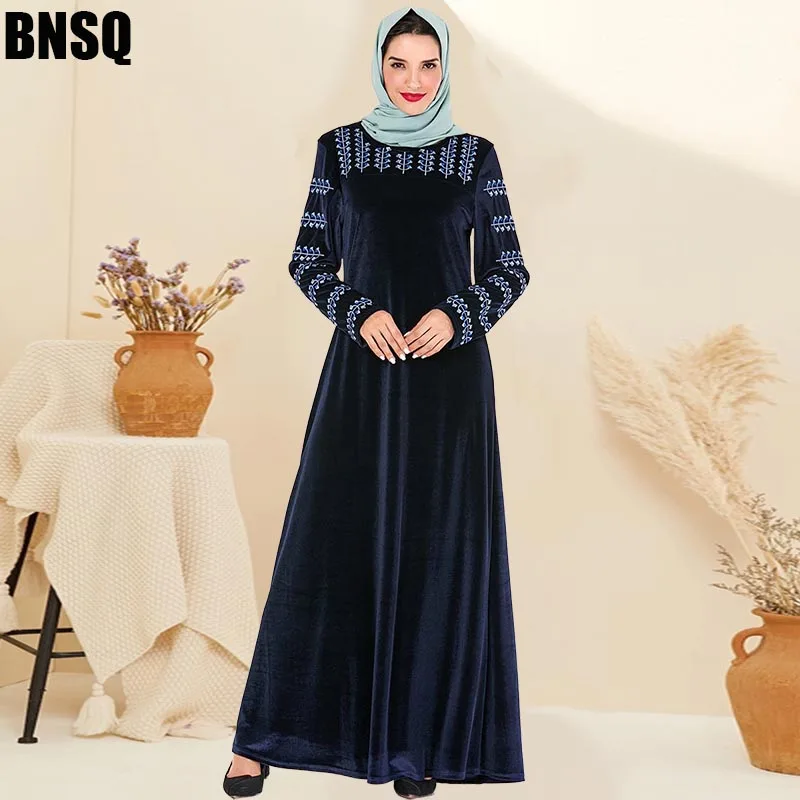 9237 navy BNSQ Бургундия Толстое Зимнее бархатное платье с длинным Hijabs мусульманская одежда Дубай индонезийский Макси индийские платья Lehenga - Цвет: 9237 navy