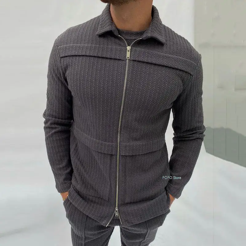 

Western Style Men Jacket 2021 Autumn Winter New Casual Fashion Solid Color Zipper Lapel Long Sleeve Simplicity Design
