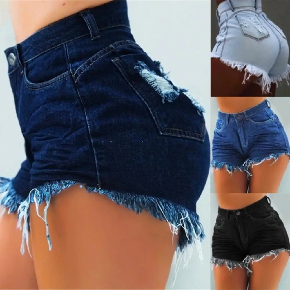 

Women Summer Denim Shorts Ripped Hole Tassel Jeans Shorts Ladies High Waist Bodycon Short