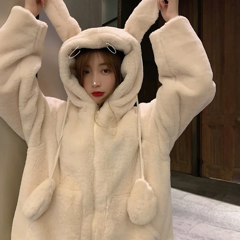 

Winter Kawaii Lolita Teddy Jacket Girl Cute Dynamic Rabbit Ears Plush Hooded Zipper Jacket Women Soft Thick Warm Furry Outerwear