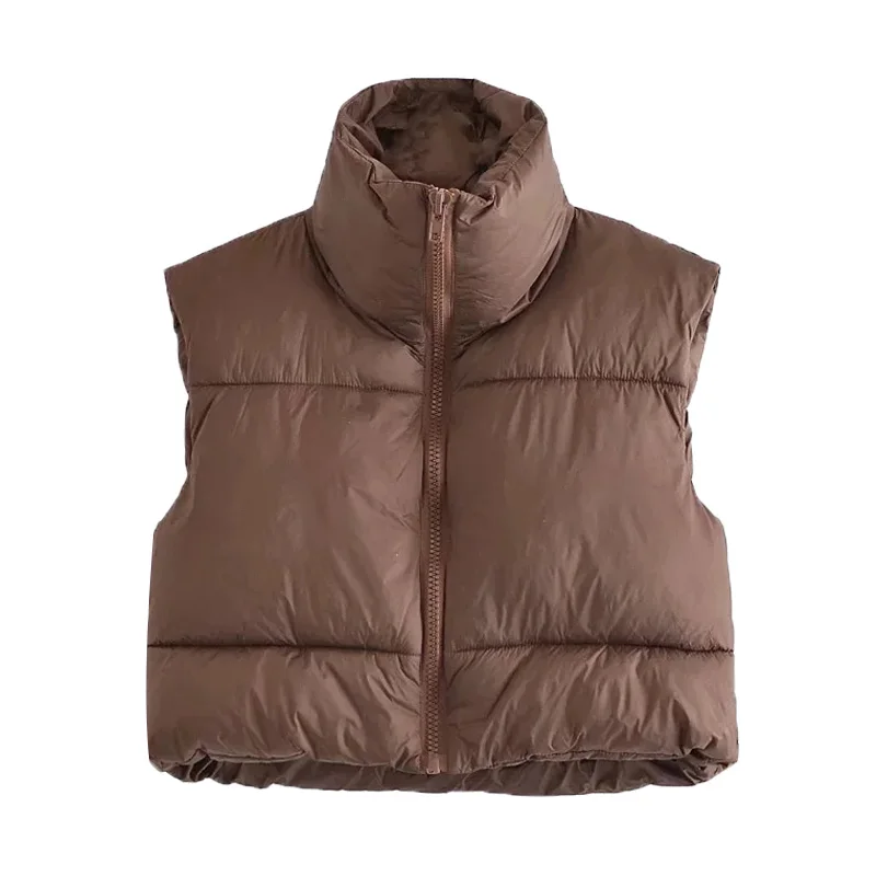 

FAKUNTN Women Fashion Zip-up Cropped Padded Vest Coat Vintage High Neck Adjustable Hem Female Waistcoat Chic Tops