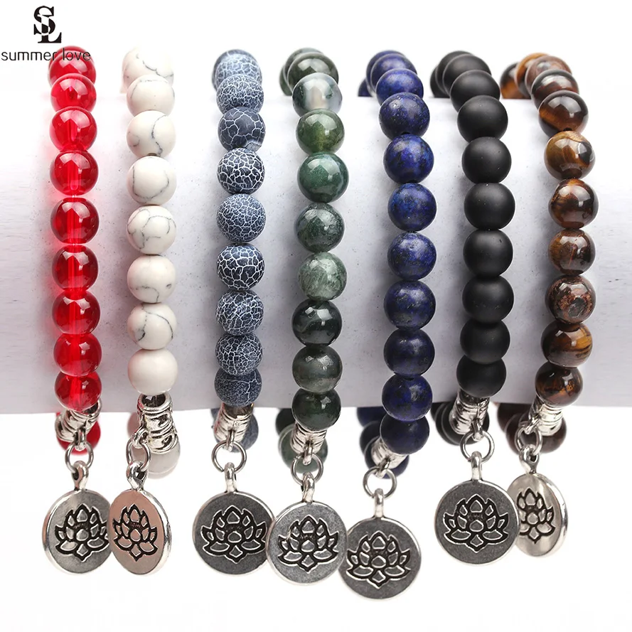 

Handmade Natural Stone Buddha Beads Bracelet Elastic Lotus Charm Bracelet for Women Men Yoga Jewelry Gifts