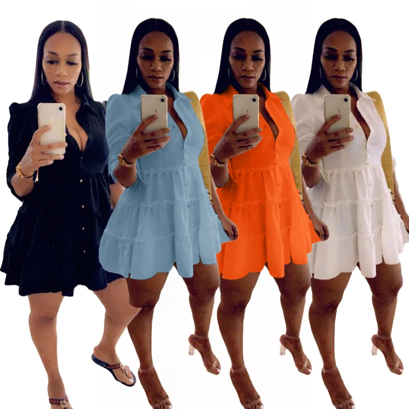

Elegant Women Sweet Long Sleeve Shirt Dress Office Ladies Button-Up Ruffles Solid Dress Casual Loose Streetwear Dress 2021