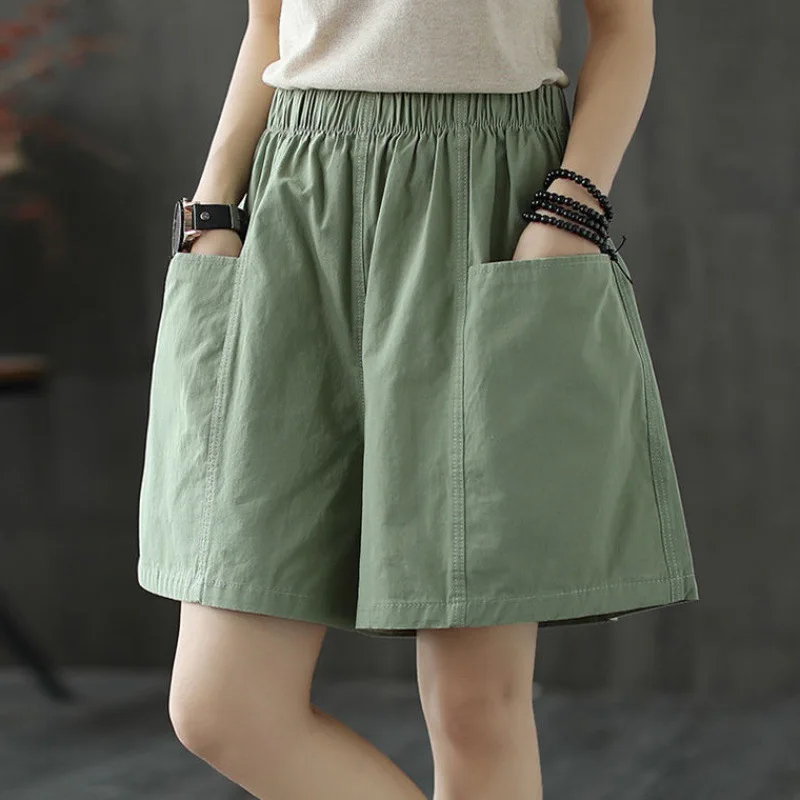 

Cotton Linen Short Pants Woman Summer Casual Plus Size Pocket Elastic High Waist Shorts Female Streetwear Wide Women's Shorts