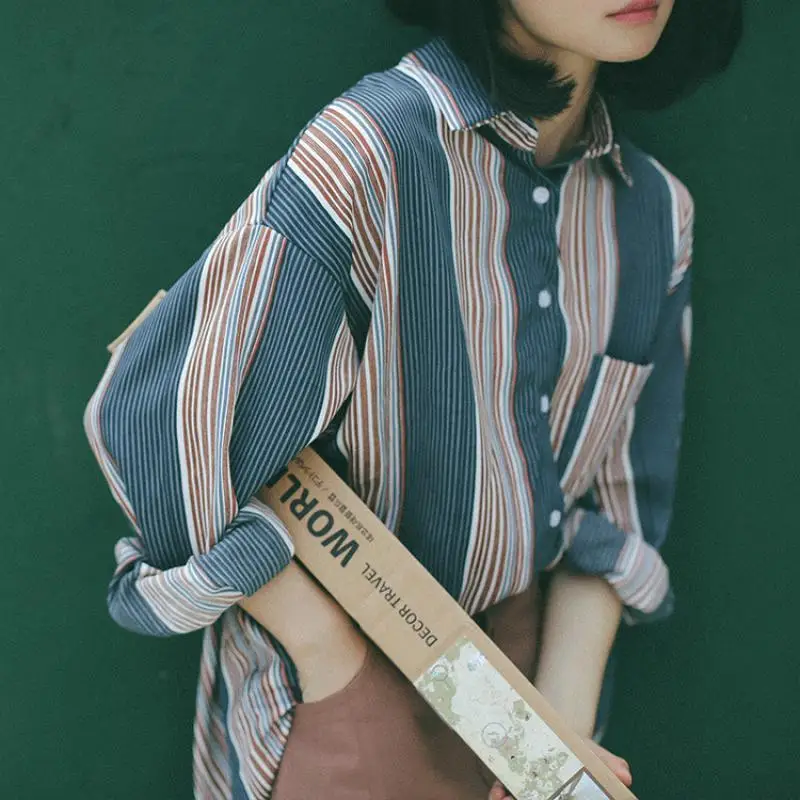 

2021 spring new Korean style design irregular split top loose large size striped chiffon shirt female trend