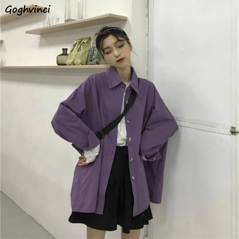 Blouses Women Long Sleeve Shirts Spring Harajuku Loose Turn-down Collar Solid Chic Leisure BF Vintage Purple Loose All-match New