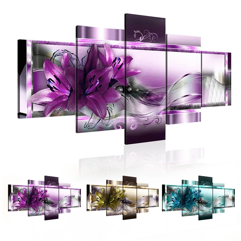 

Prints 5 Piece Modular Abstract Lily Flowers Picture Wall Art Coloful Poster Canvas Paintings For Living Room Home Decor