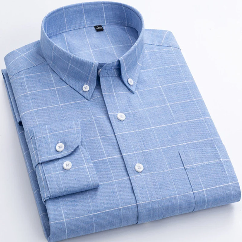 Large Sizes 8XL 7XL 100% Oxford Cotton Long sleeve Dress Shirt For Men Buttons Up Plaid Shirt Striped Pocket Camisa Mens Shirts