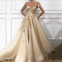 elegant prom dress long v neck appliques with flowers handmade side split tulle evening gowns party graduation vestido de festa