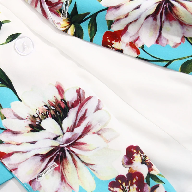 

2021 Spring Elegant Lady Office Party Two Piece Outfits High Quality Women Runway Sets Floral Print Blazer and Pants Suits
