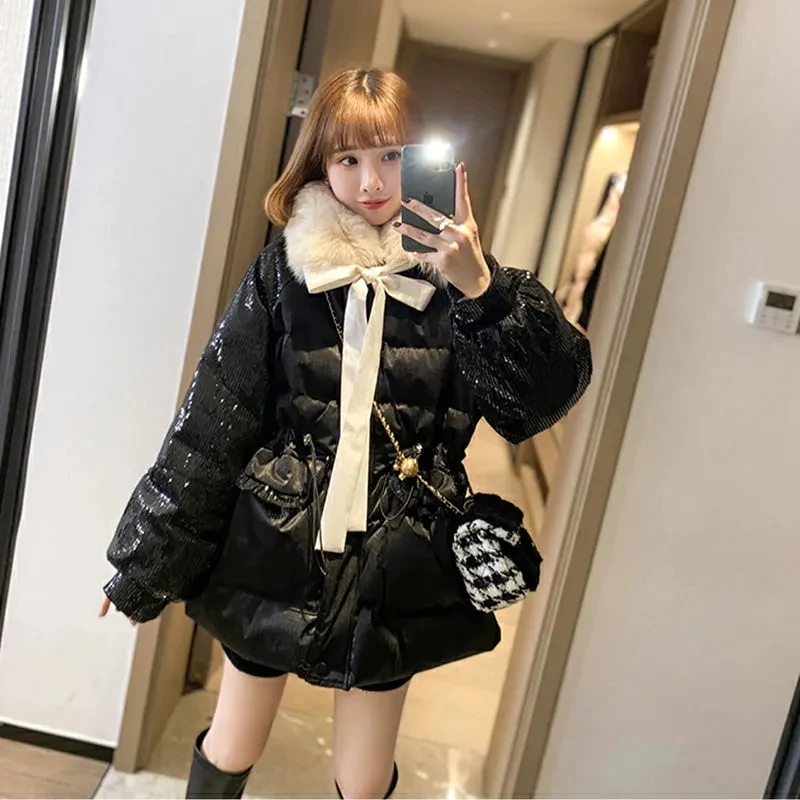 New Arrivals women's new winter sequins design sense down cotton-padded clothes  loose long waist cotton-padded clothes