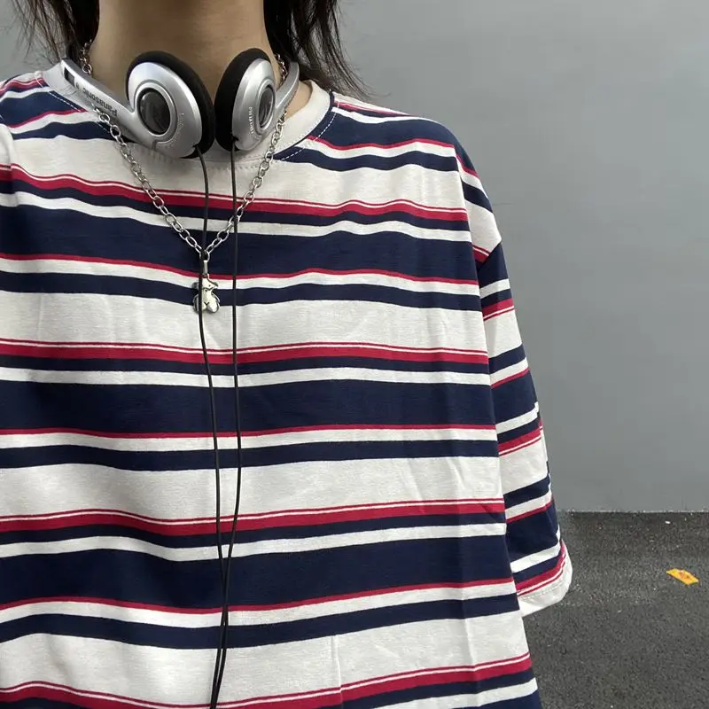 

Harajuku Kopp Hip Hop Striped Short Sleeve T-Shirt Unisex Clothes Korean Cool Teen Blue Striped Top High Street Women's Clothing