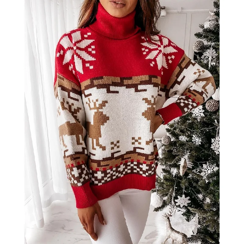 

Christmas Sweater For Women Turtleneck Pullover Winter Warm Long Sleeve Ladies Xmas Outfits Snowflakes Deer New Year Clothing