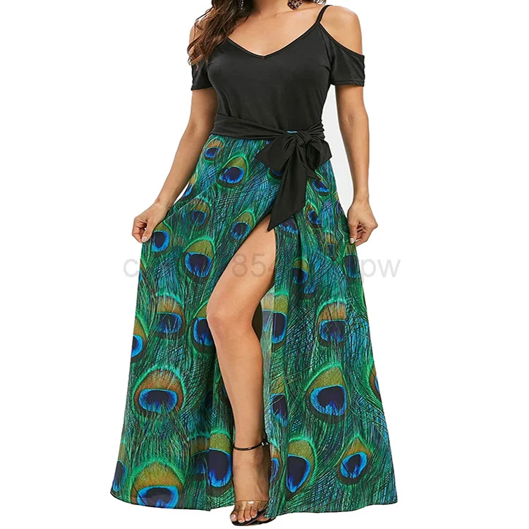 Женское длинное платье на бретелях с V образным вырезом и принтом павлинов перьев