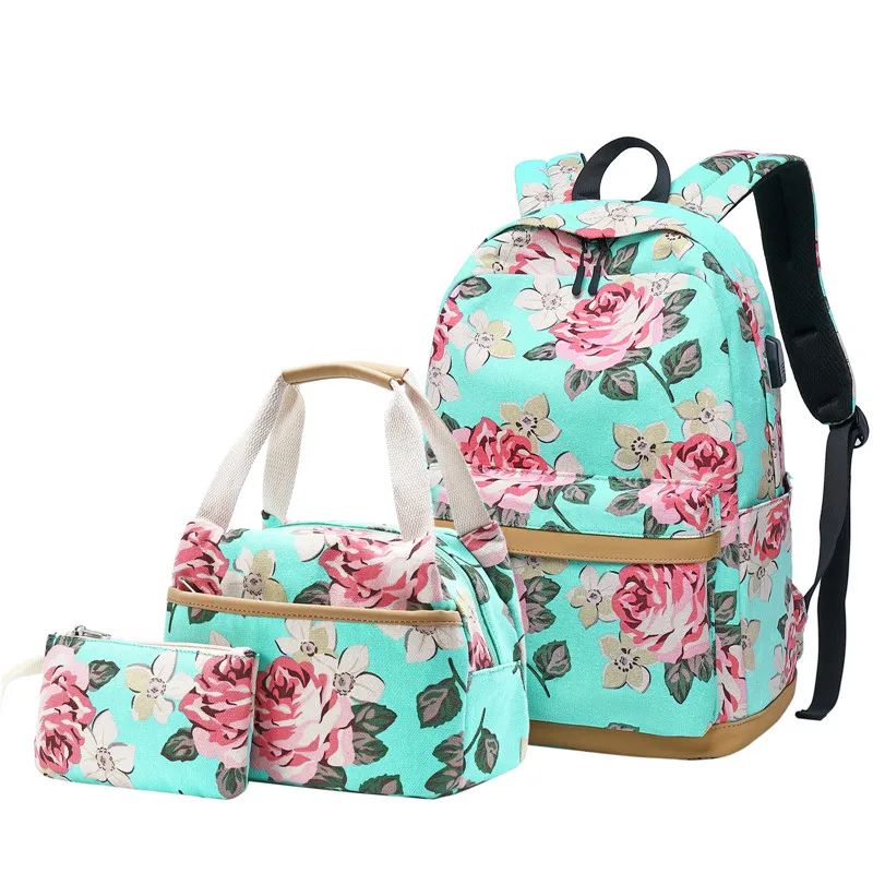 Ladies Canvas Backpack Floral Print 3pcs Set Outdoor Female Middle School Student Bag USB Computer Bag Meal Bag Pencil Bag 2021