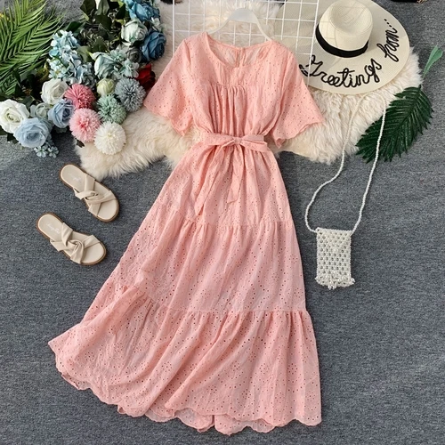 

Cloth Short Sleeve Elegant Vestidos Summer Dress New Korean Sweet Round Neck High Waist