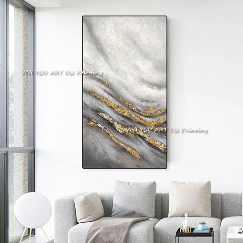 

100% Handmade Modern Grey Canvas Oil Paintings Wall Picture Abstract Gold Foil Home Decor Artwork
