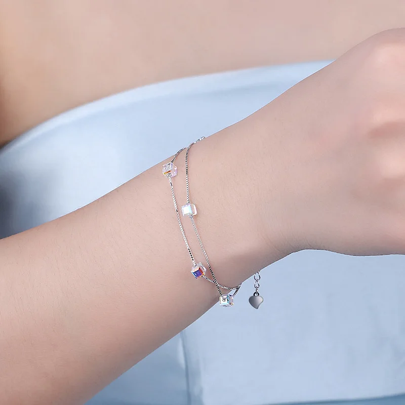 Sugar Cube Crystal Double Layer Bracelets Real 925 Sterling Silver Charm Fine Jewelry Romantic Accessories | Украшения и