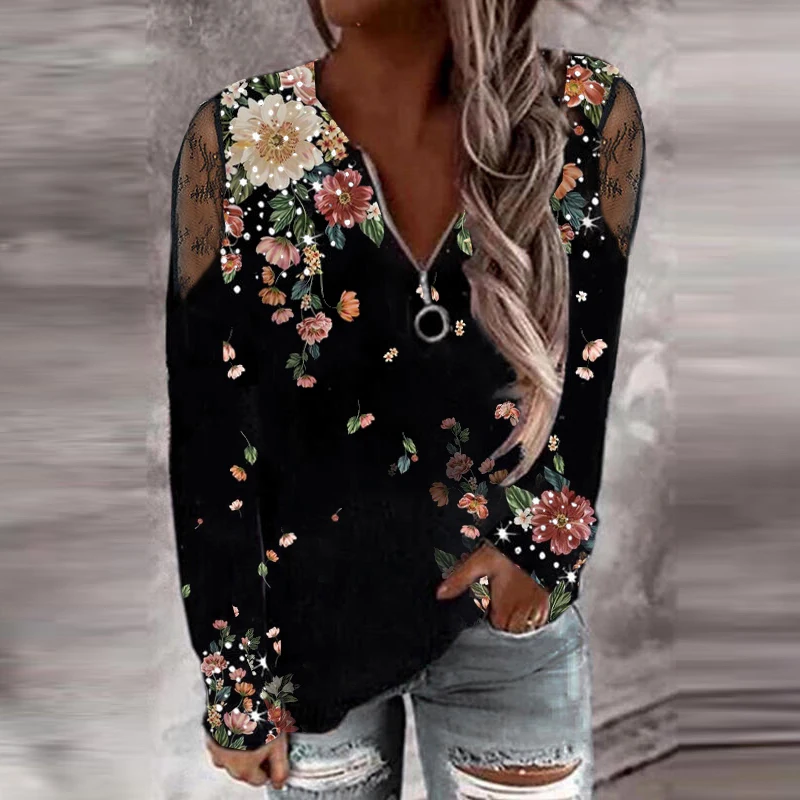 

Sexy V Neck Zipper Ladies Tops Pullover Women Spring Floral Print Loose Tee Casual Harajuku Long Sleeve Mesh T-Shirt Streetwear