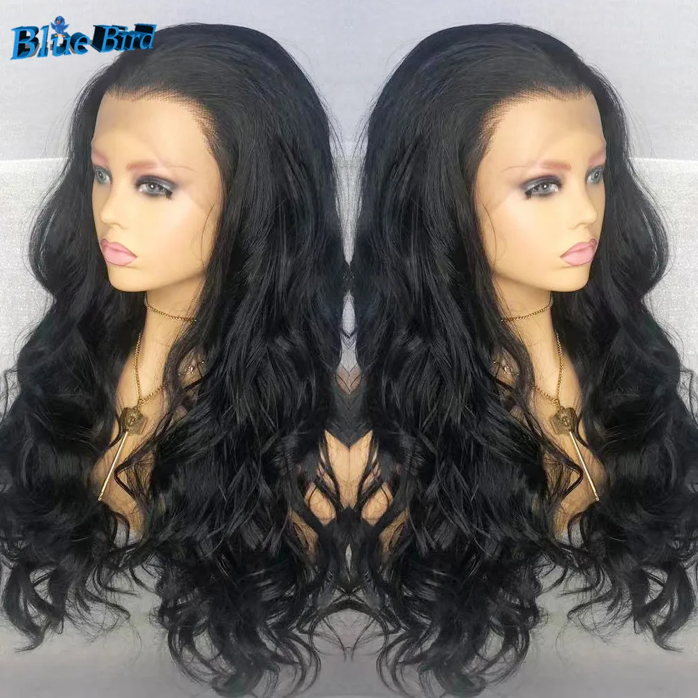 BlueBird Black Color 13x4 Synthetic Lace Front Wigs For Women Glueless Futura Hair Heat Resistant Body Wave Wigs Pre Plucked 1#