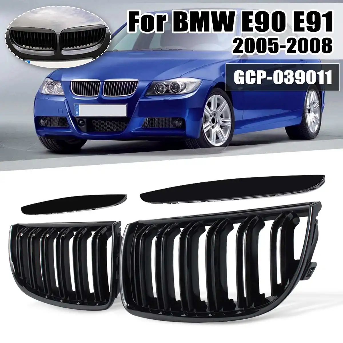 

Pair Front Bumper Double Slat Sport Kidney Grille Grill For BMW E90 E91 4 Door 2005-2008 Front Upper Racing Grills #GCP-039011