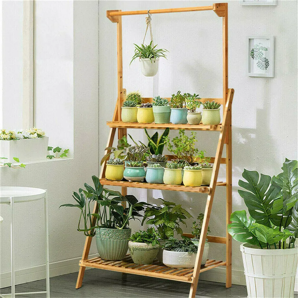 

3-Tier Hanging Plant Stand Storage Shelf Folding Flower Pot Organizer Display Storage Rack Adjustable Hanger Rod Bamboo Patio