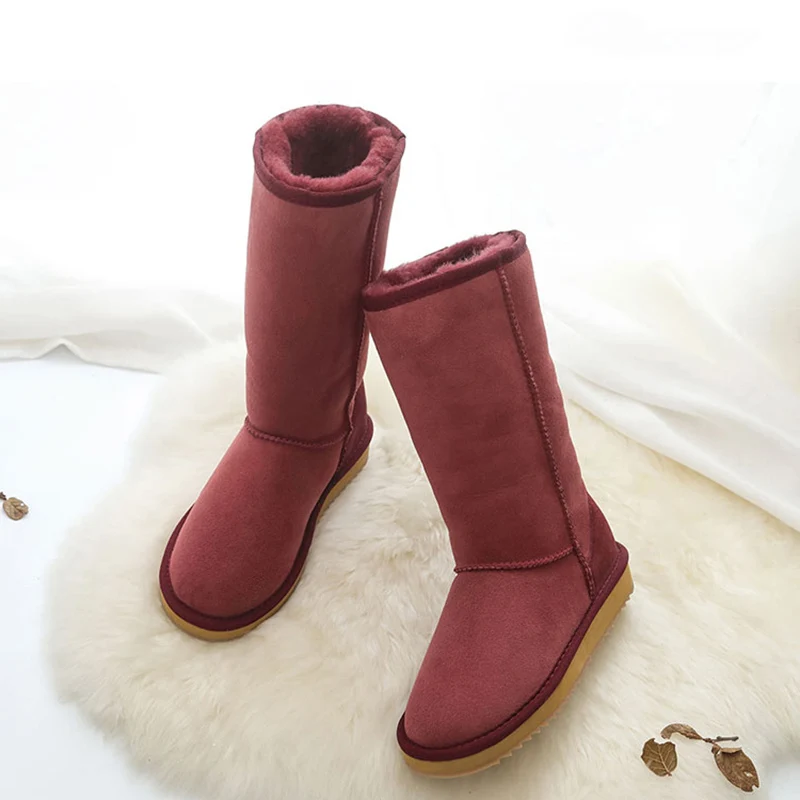 Wine Red Сапоги с высоким голенищем из натуральной овечьей кожи; теплые зимние сапоги наивысшего качества на натуральном меху; женские сапоги; нескользящие шерстяные зимние сапоги; - Цвет: Wine Red