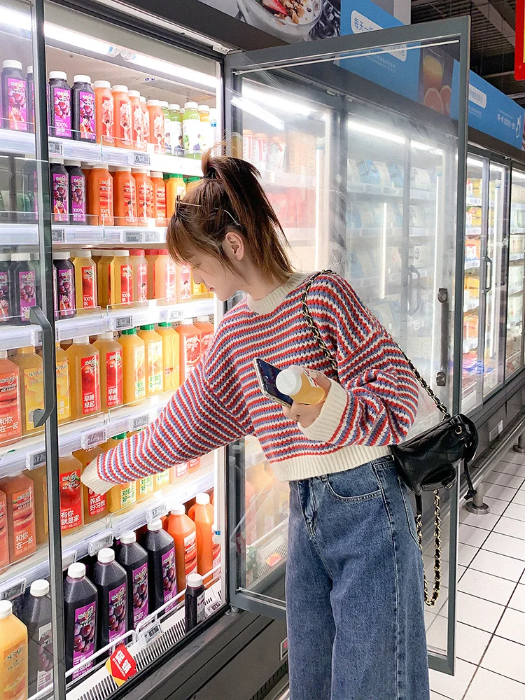 Пуловер женский оверсайз в полоску Короткая свободная верхняя одежда маленький