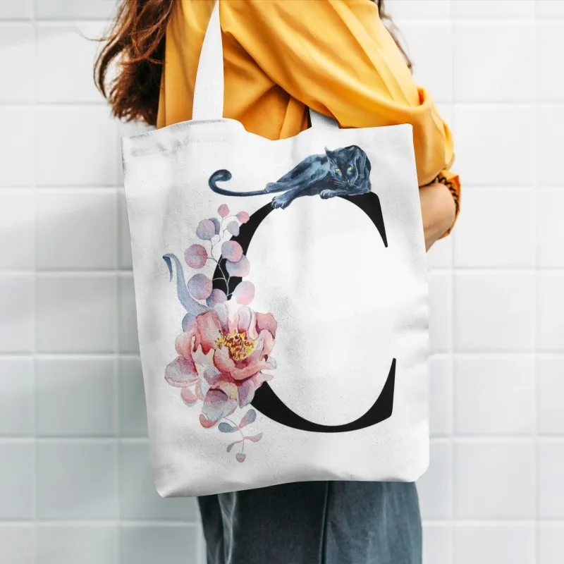 Сумка-шоппер Складная холщовая саквояж с цветочным рисунком и 26 буквами для