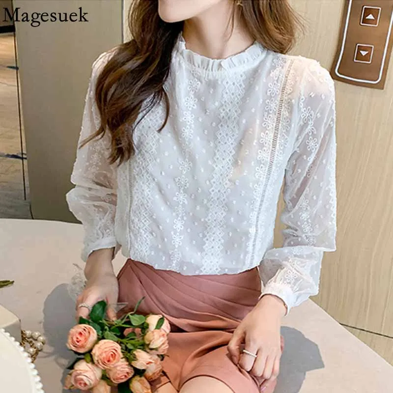 

Sweet Embroidery Flower Lace Women Shirt Blouse Stand Collar Long Sleeve White Shirt Autumn Loose Casual Women Tops Blusas 16235