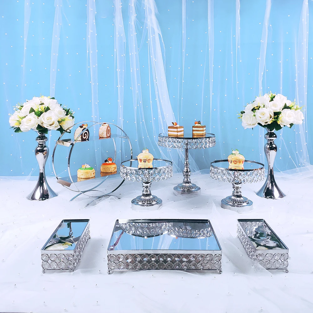 

9pcs silver Crystal Cake Stand Set Metal mirror Cupcake stand decorations Dessert Pedestal wedding Party Display cake tray