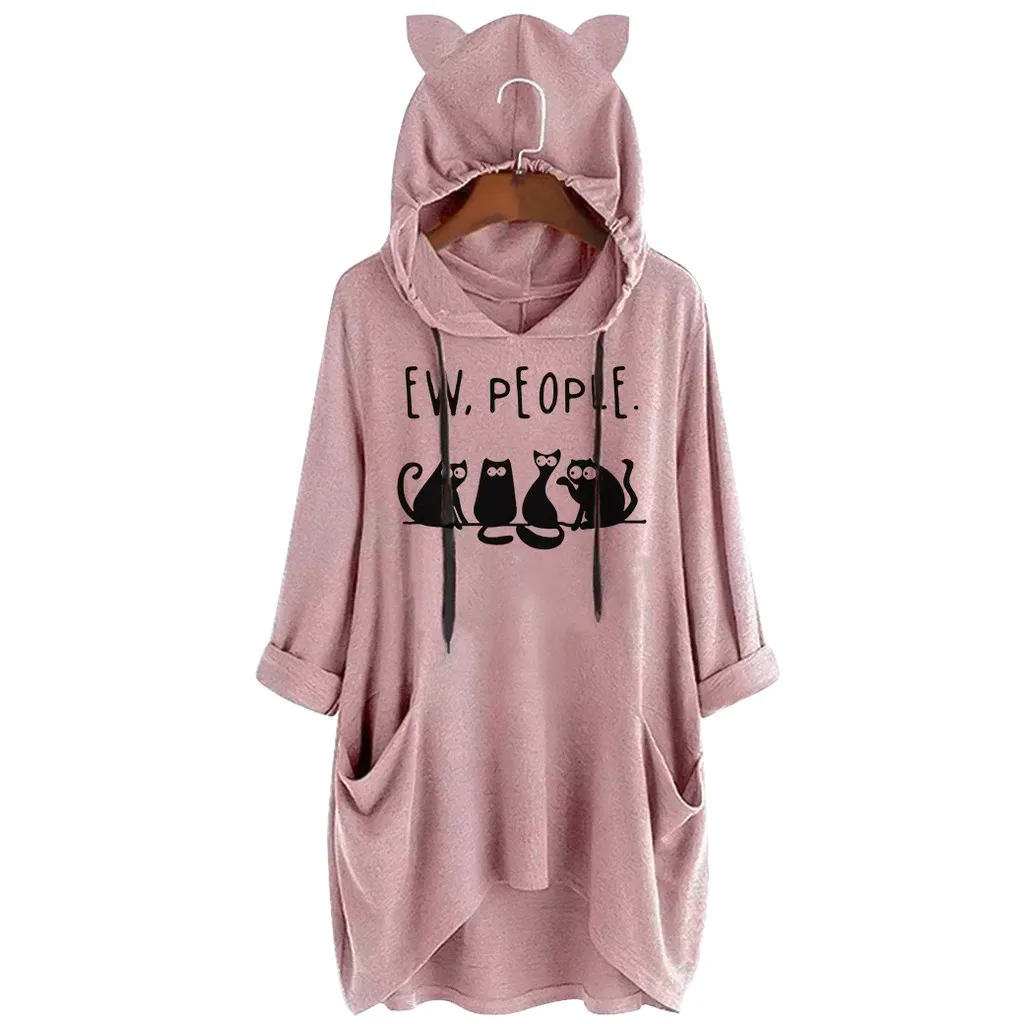 Plus Size Women Hoodies kawaii Cat Ears Hooded Sweatshirt Casual Loose With Pockets Hoody Pullover Long Sleeve Printed Sudadera