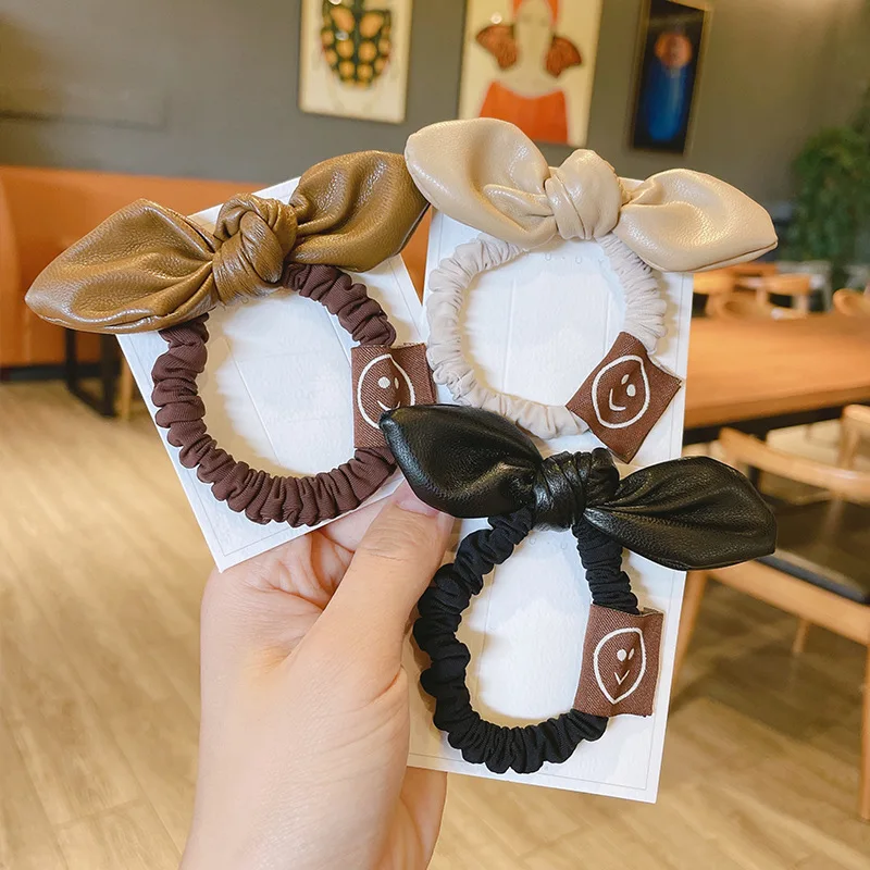 

Женские резинки для волос из искусственной кожи с бантом, эластичные резинки для волос для девочек, Однотонные резинки для волос, аксессуар...