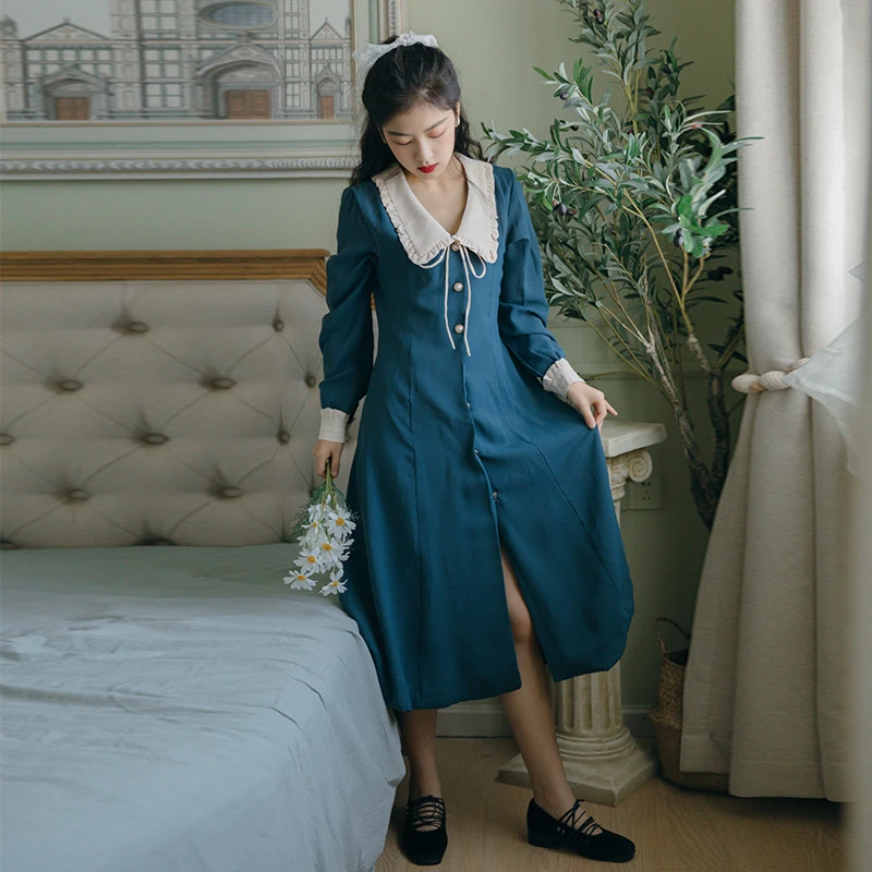 

2020 Spring New Arrival Retro Hot Sale Sweet Peter Pan Collar Long Sleeve Women Long Dress High Quality