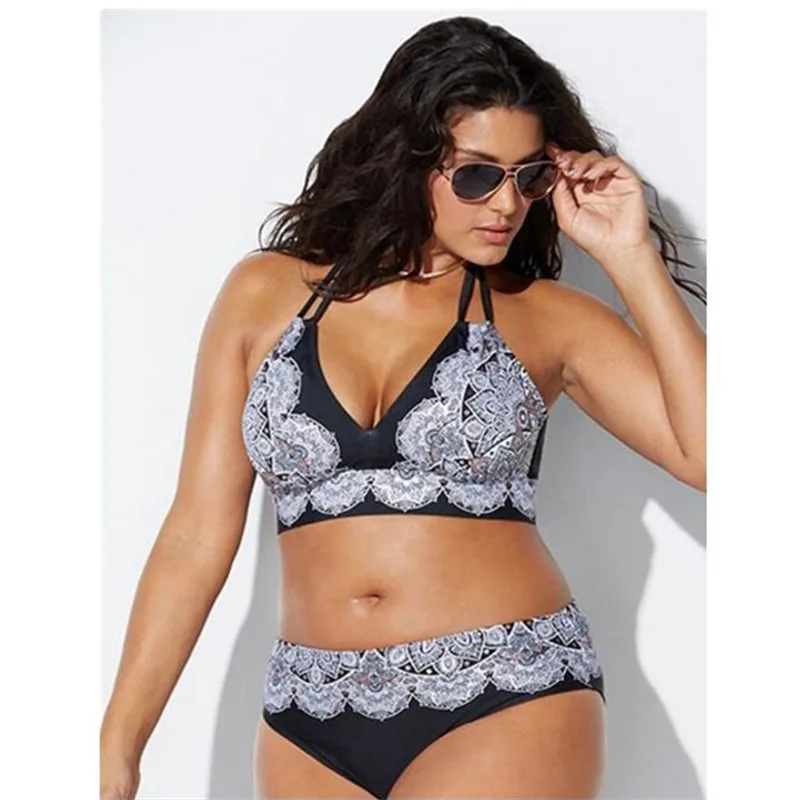 

2021 Swimwear High Waisted Two Piece Plus Size Large Size Plus Fat Printed Swimsuit Women Back Chalaza Bikini Beach Bathing Suit