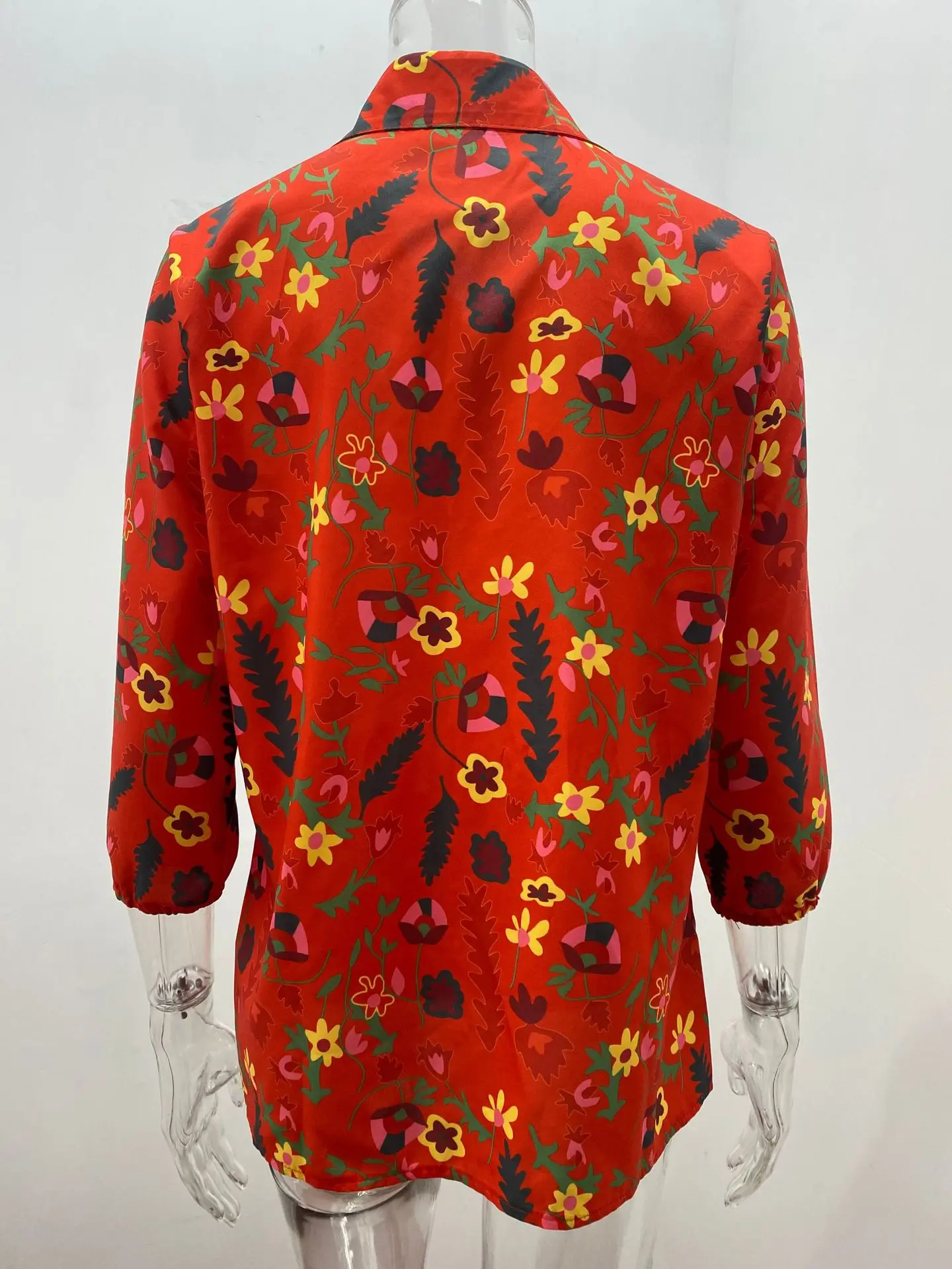 

Kalenmos Fashion Printing Long-sleeved Shirt Women Lapel Three-quarter Sleeves Single-breasted Versatile Loose Shirt for Woman