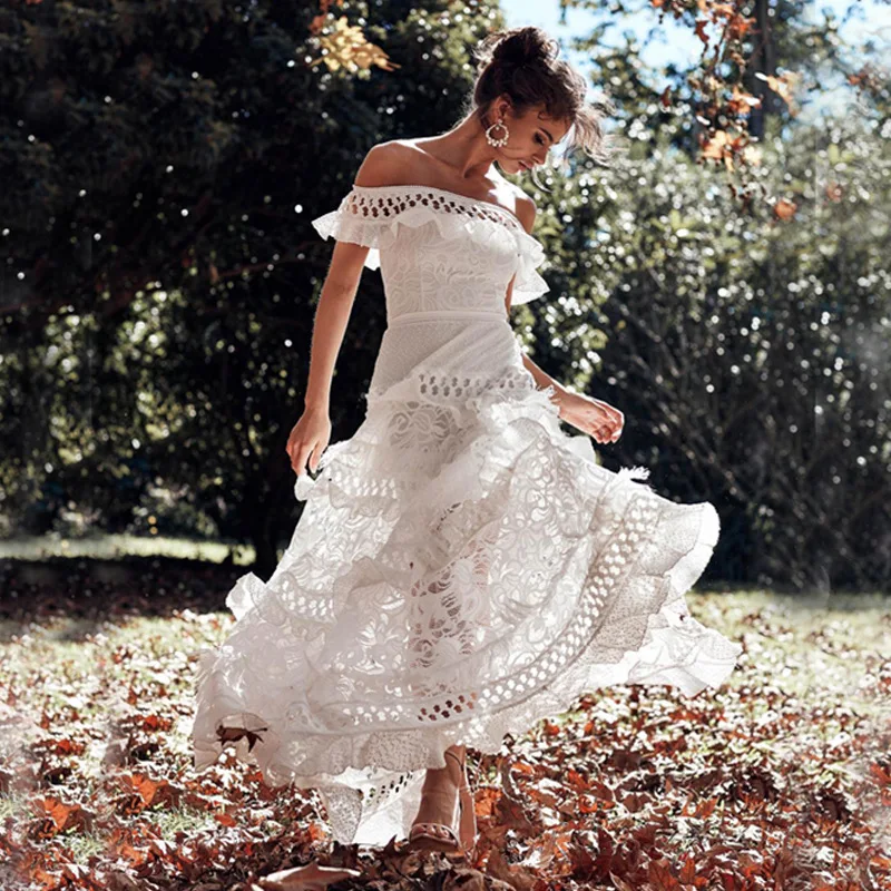 

Women Sexy Off Shoulder Hollow Out Bohemian Dress Fashion Pretty Lady Strapless Dress Floor-Length Sheath Lace Ruffles Dress