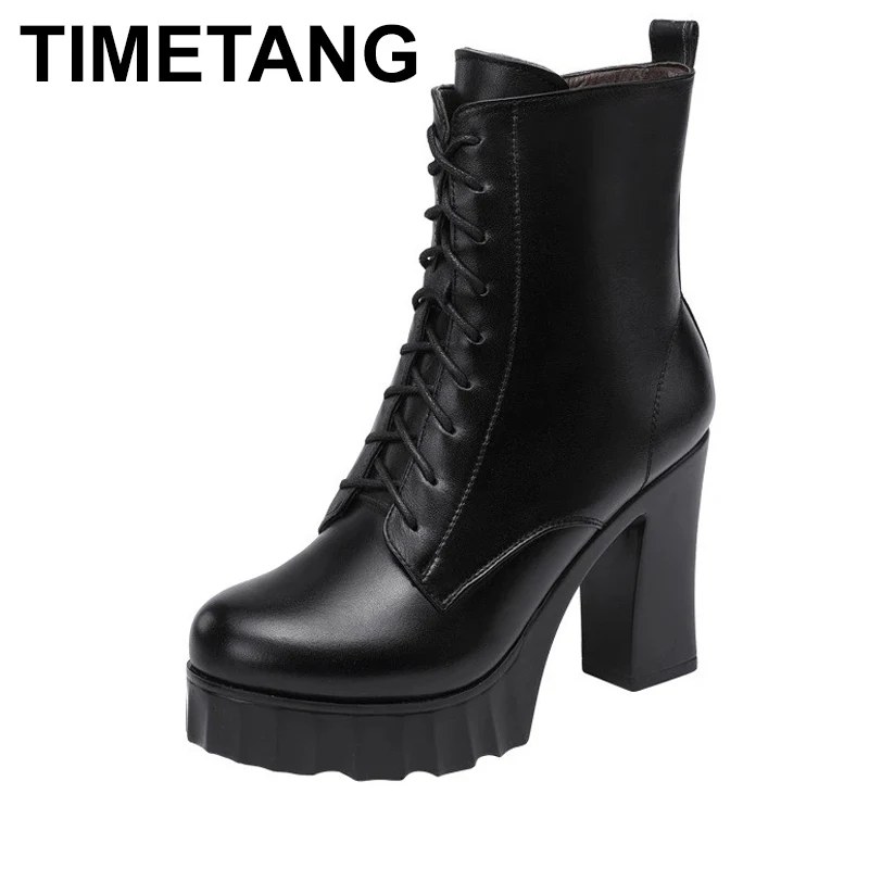 

TIMETANGBig Size 32-43 Block Heel Platform Shoes Women Ankle Boots Fall Winter2021High Heels Boots Ladies Leather Short Fur Boot