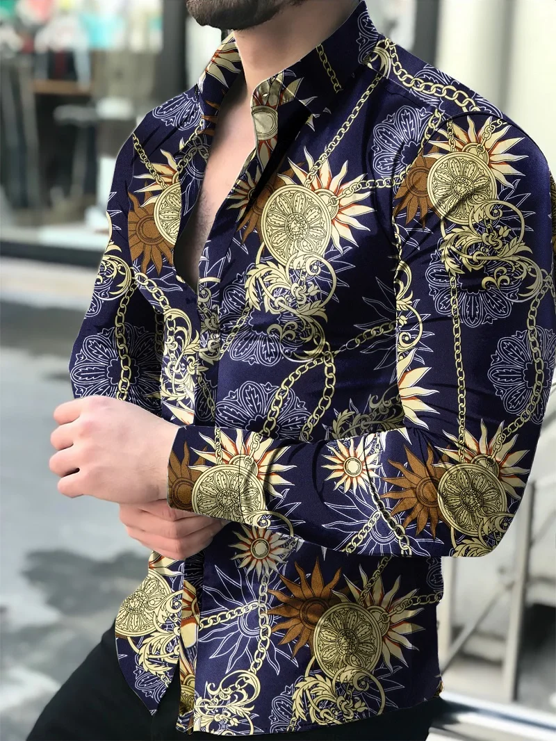 Men's Shirt Long Sleeve Hawaiian  Social Luxury Button Up Cardigan Blouses Wholesale 2021Single Breasted Turn-down Collar Broad