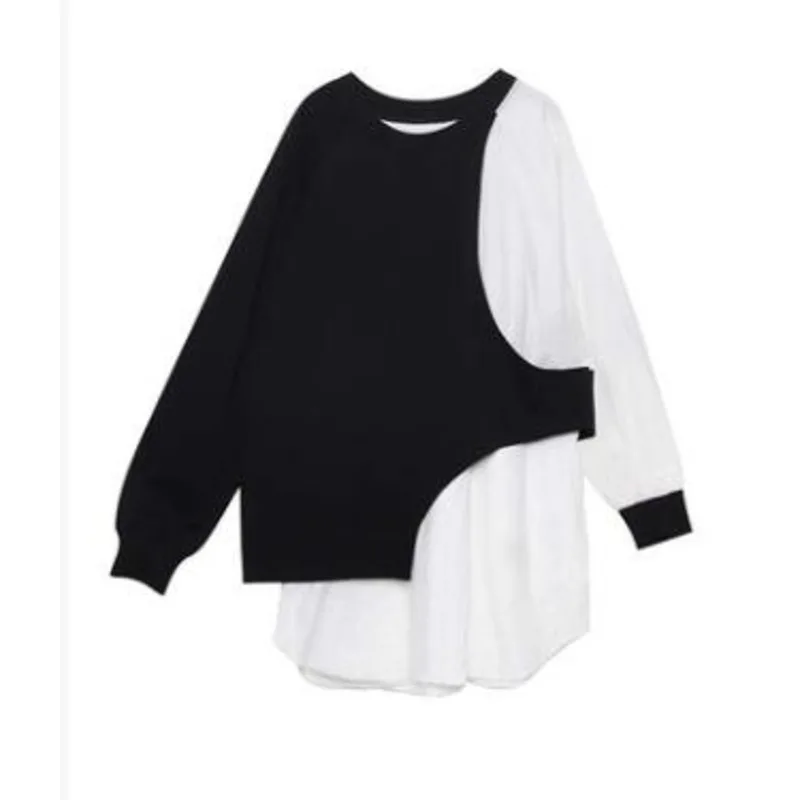 

XUXI Autumn 2020 Women New T Shirt Korean Loose Large Size And Irregular Color Stitching Long Sleeves Vintage T-shirt FZ2680