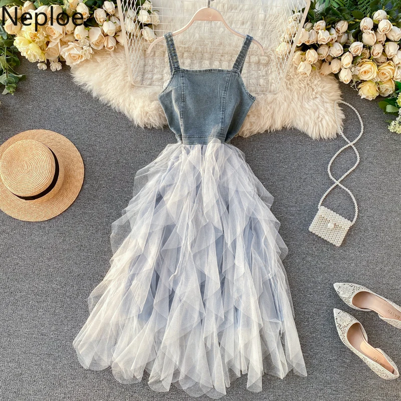 Женское джинсовое платье в стиле ретро асимметричное кружевное с квадратным