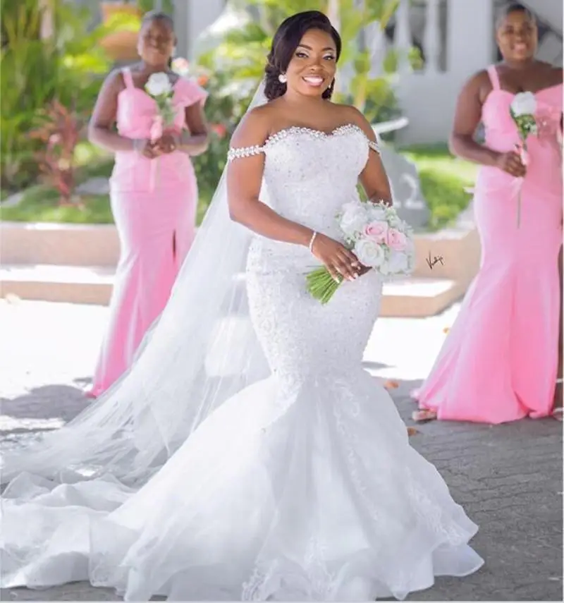 

African Mermaid Wedding Dresses Plus Size Crystal Bridal Gowns Off the Shoulder Lace Appliques Black Girls Tulle vestidos 2023