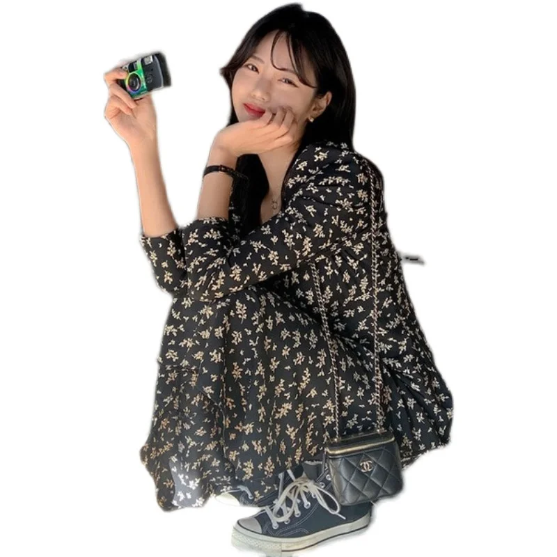 

Korean Chic Retro Style French Style Cute Youth-Looking Romantic Floral Split Design Long Sleeve Chiffon Dress for Women
