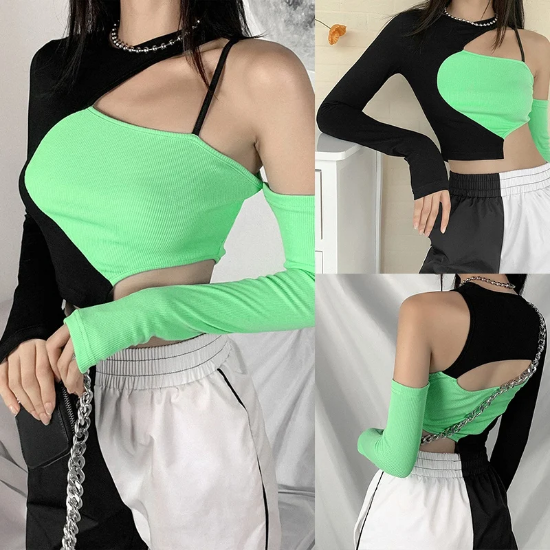 

Футболка женская с открытыми плечами, ажурная модная укороченная зеленая рубашка в стиле панк, вечерние круглым вырезом и длинным рукавом, ...