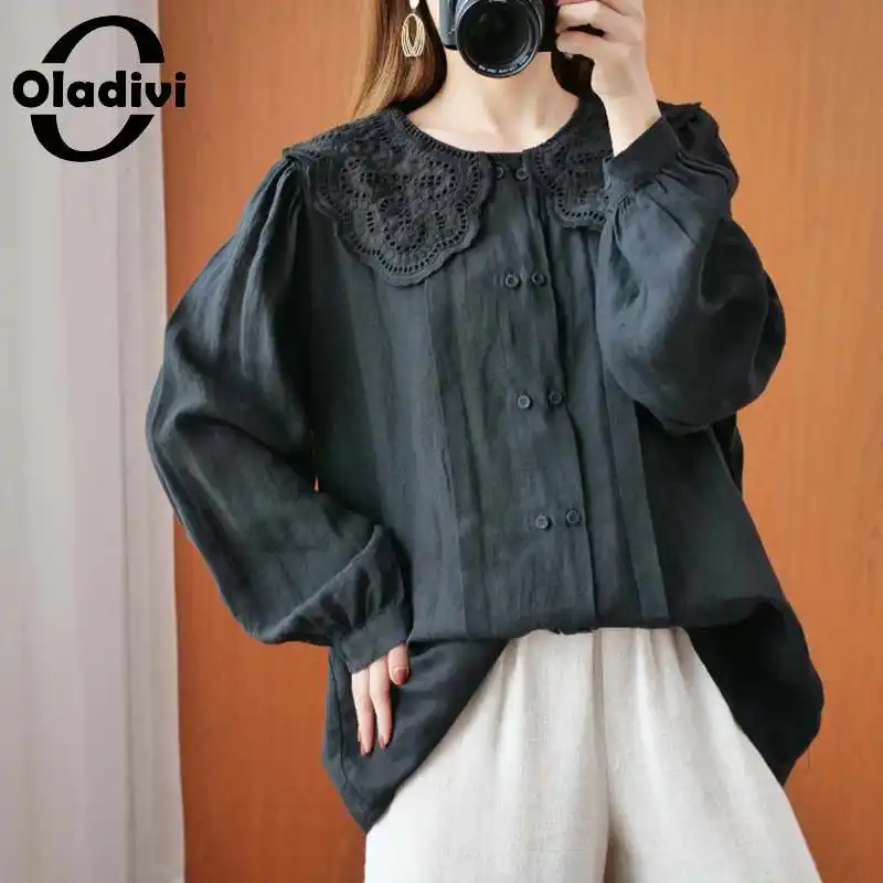 

Oladivi Oversized Women Peter Pan Collar Cotton Linen Blouse Long Sleeve Tops Fashion Ladies Casual Loose Shirt Tunic Blusas 5XL